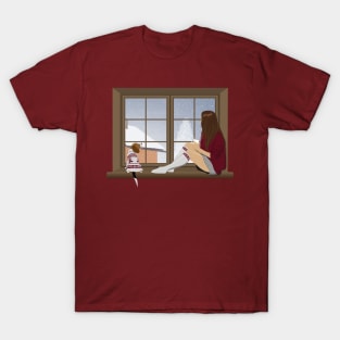 Girl and beagle dog sitting on the window. winter landscape T-Shirt